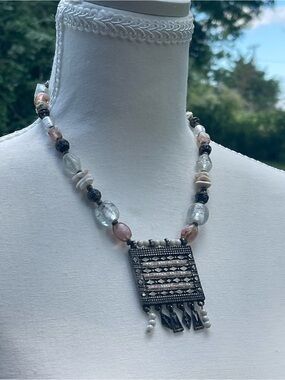 Chico's Boho Tribal Glass Bead & Silver Fringe Statement Pendant Necklace